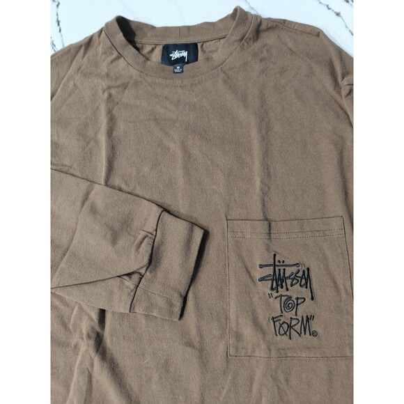 Stussy Top Form Pocket Design Tee Shirt Mens Medium Brown Black Long Sleeve - Picture 1 of 9